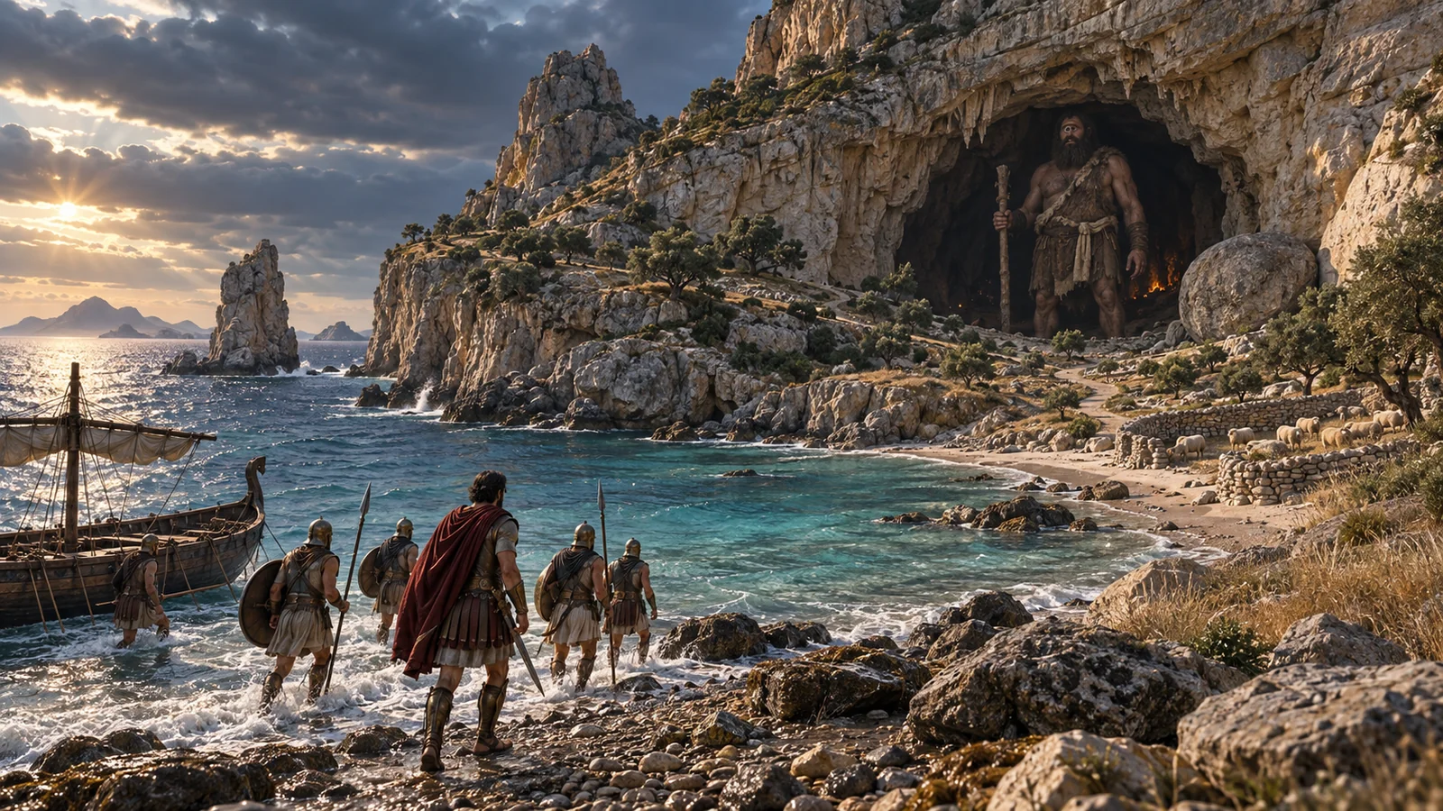 Generated concept of Greek warriors approaching the Cyclops’ cave on a rocky Mediterranean island.