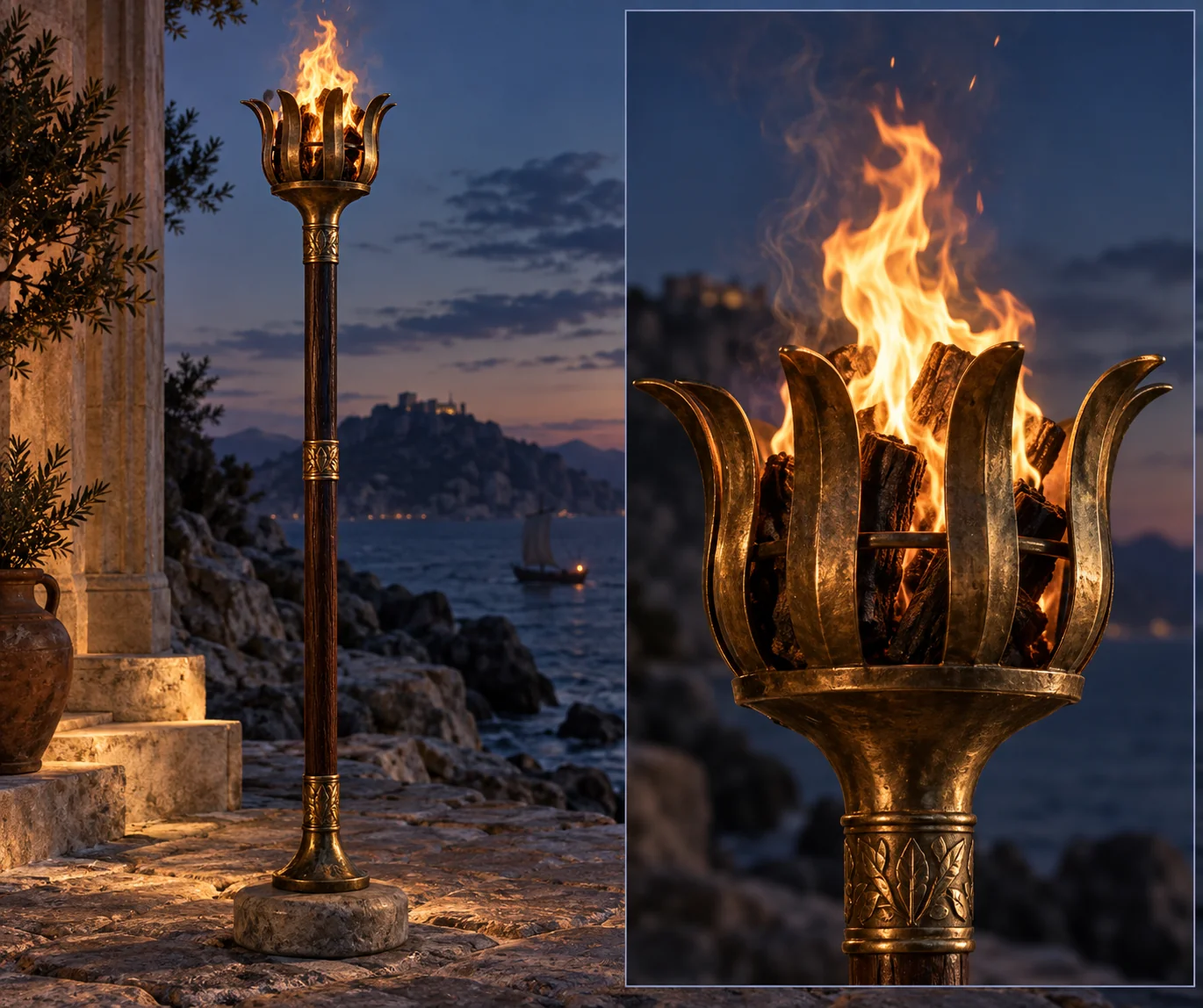 Generated bronze basket torch design and standing torch reference used for the nighttime scene.